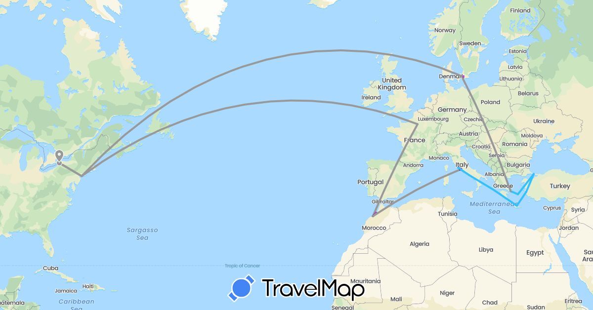 TravelMap itinerary: driving, plane, train, boat in Denmark, France, Greece, Italy, Morocco, Sweden, Turkey, United States (Africa, Asia, Europe, North America)